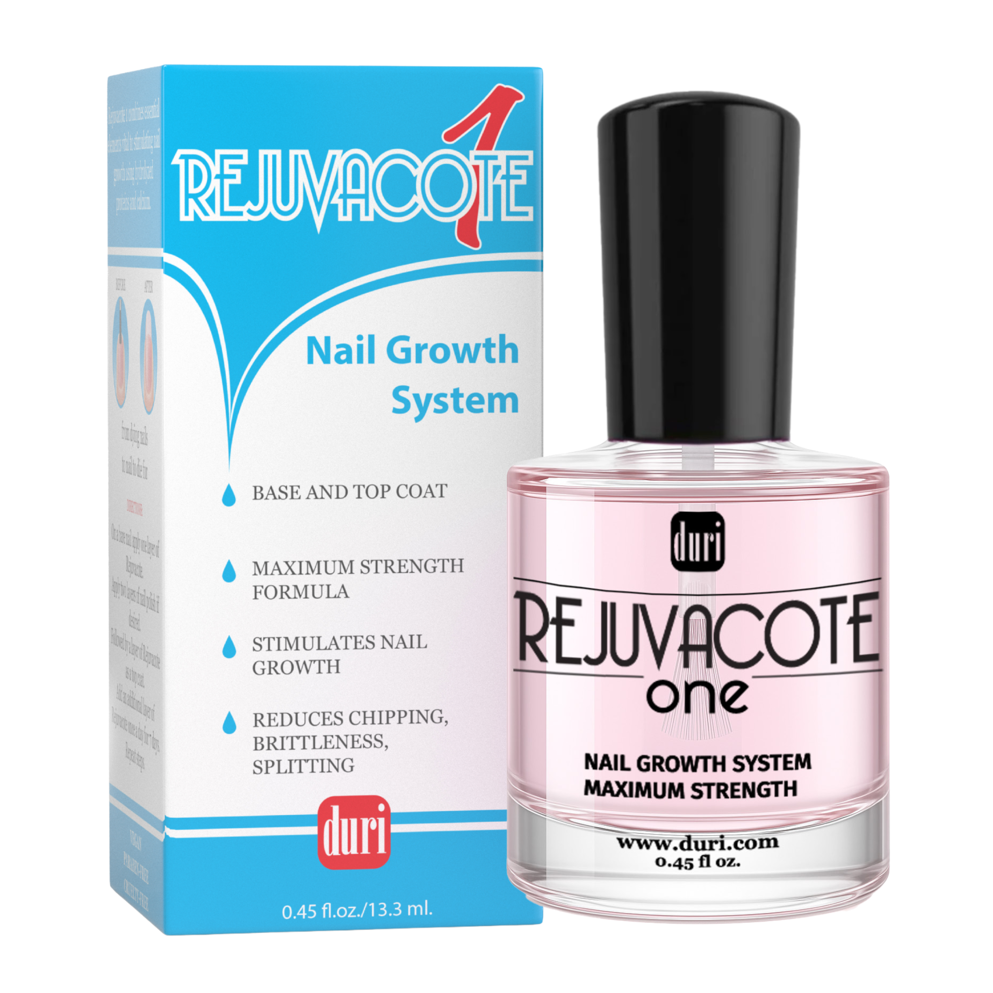 Nail Growth Treatment Polish Top and Base Coat - Rejuvacote 1 Original Maximum Strength Nail Growth System, Base and Top Coat - Duri Cosmetics - long lasting, sustainably made in small batches, made in USA