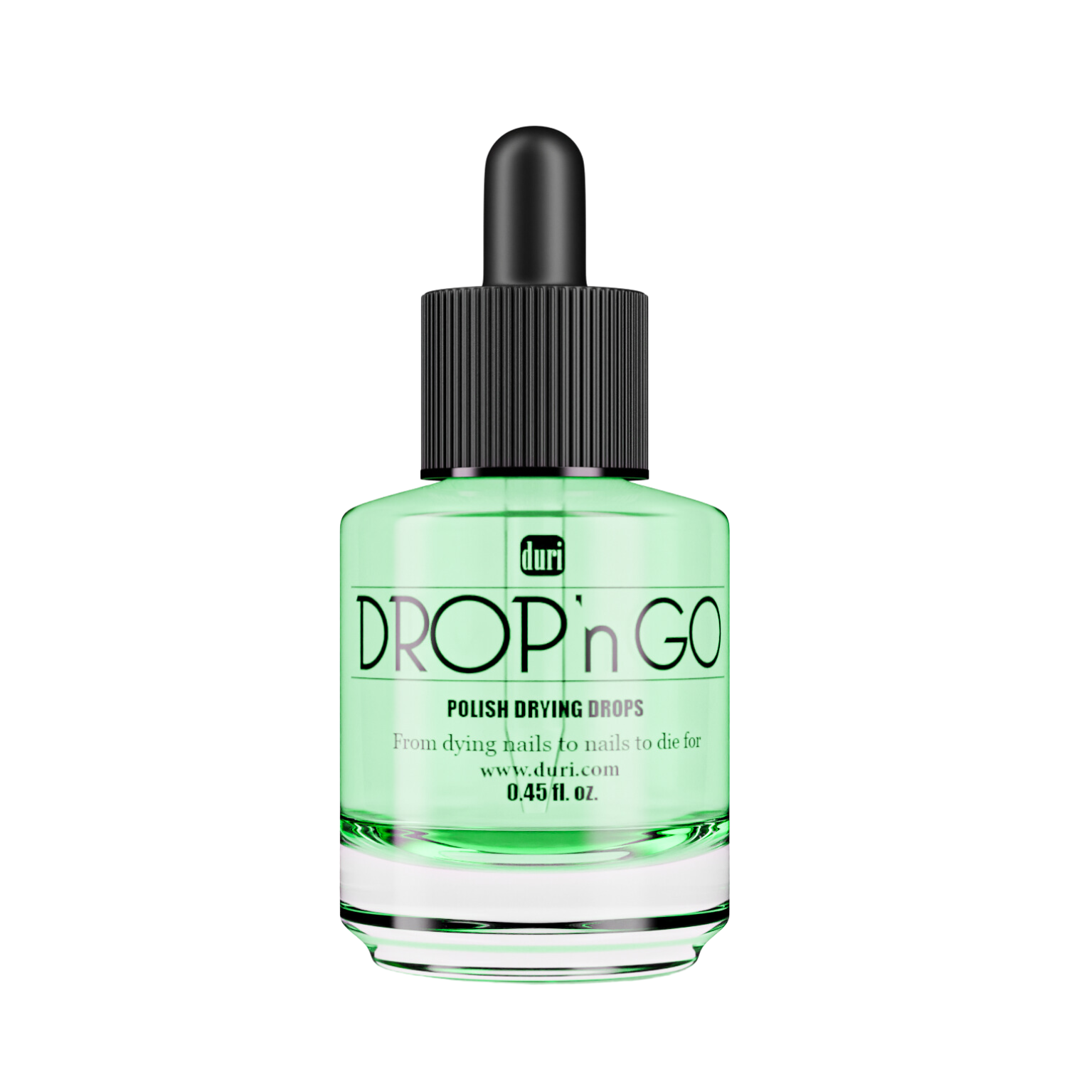 Green bottle with black dropper labeled 'DROP n GO'. Nail polish drying drops. Nail polish quick dry.
