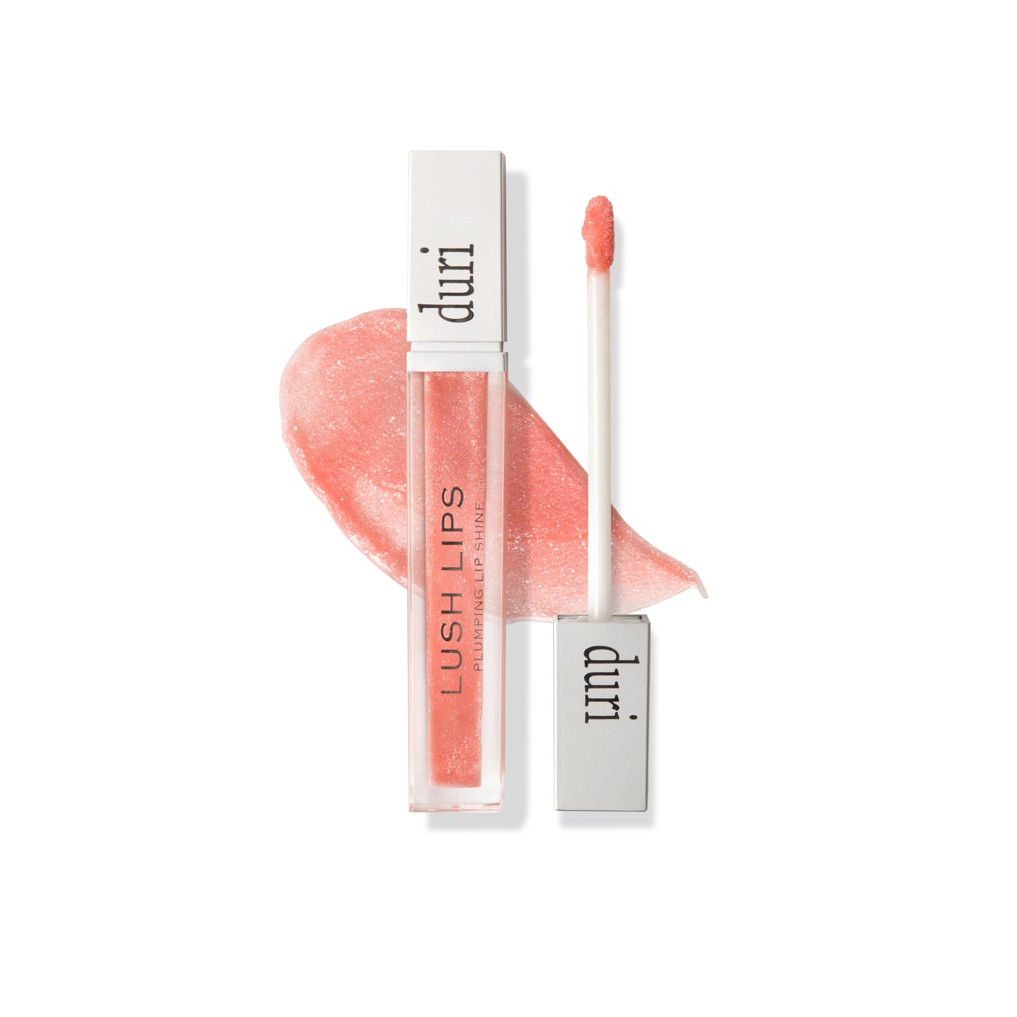 Lip gloss with applicator and swatch on a white background