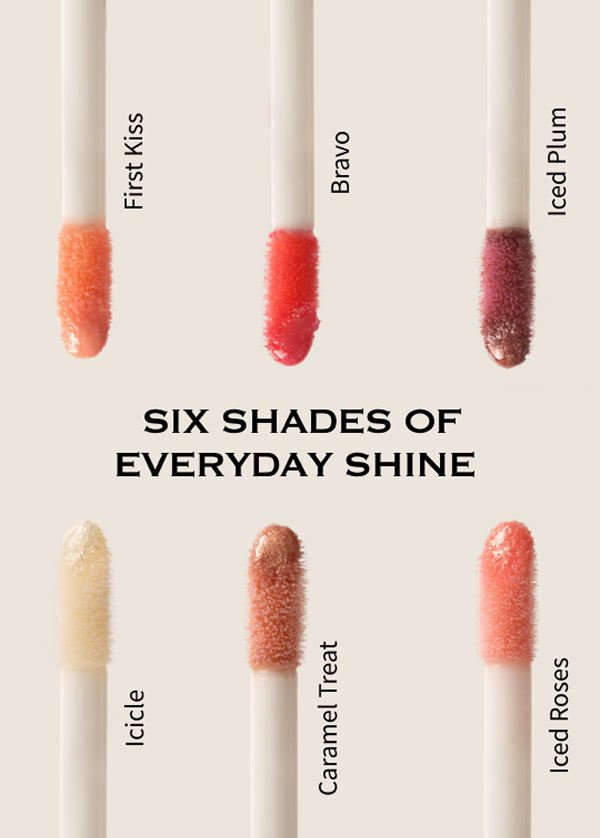 Six lip gloss shades displayed with names on a beige background