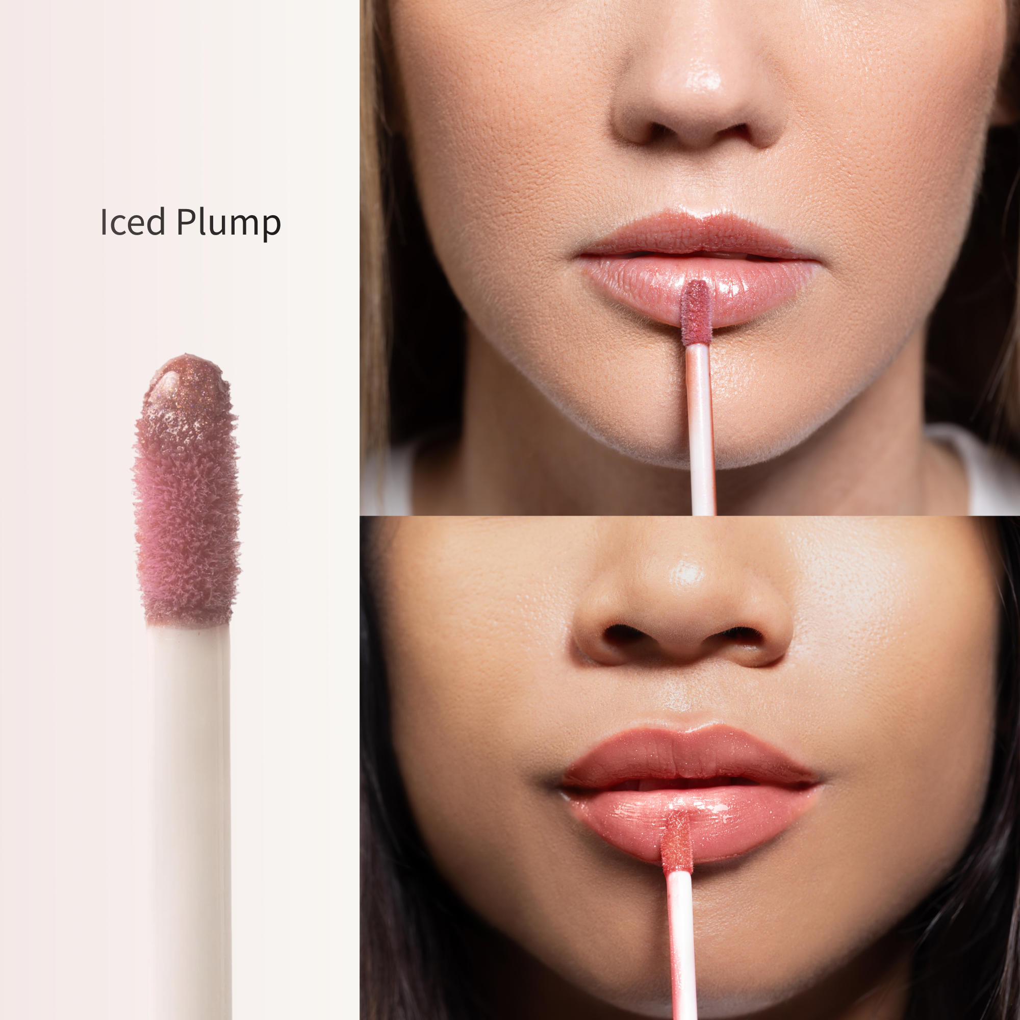 Lipstick applicator with 'Iced Plump' shade applied to lips. buildable lip gloss. 