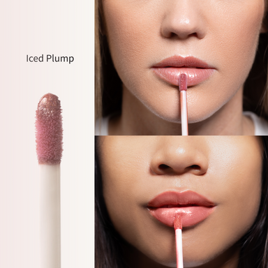 Lipstick applicator with 'Iced Plump' shade applied to lips. buildable lip gloss. 