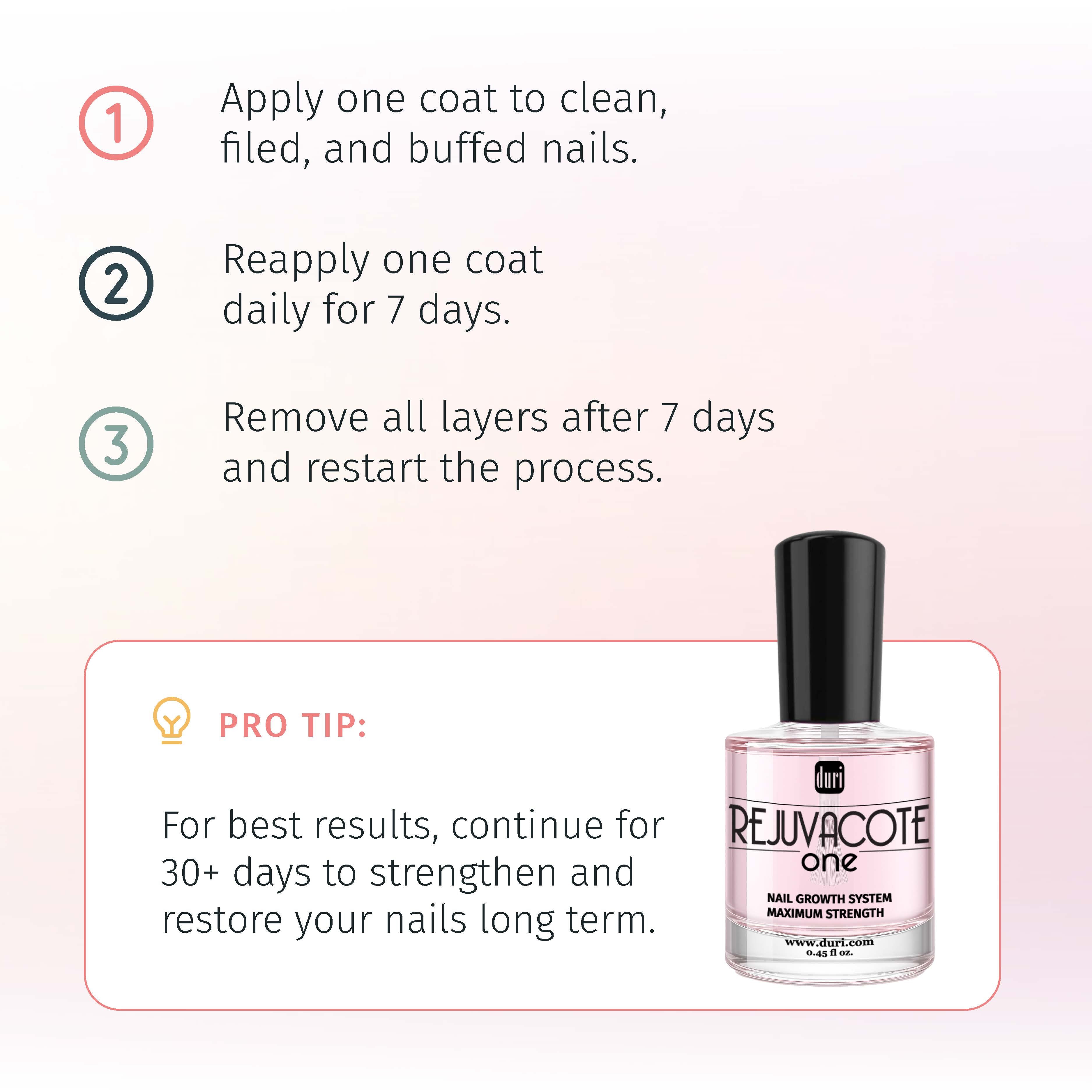 Nail Growth Treatment Polish Top and Base Coat - Rejuvacote 1 Original Maximum Strength Nail Growth System, Base and Top Coat - Duri Cosmetics - long lasting, sustainably made in small batches, made in USA