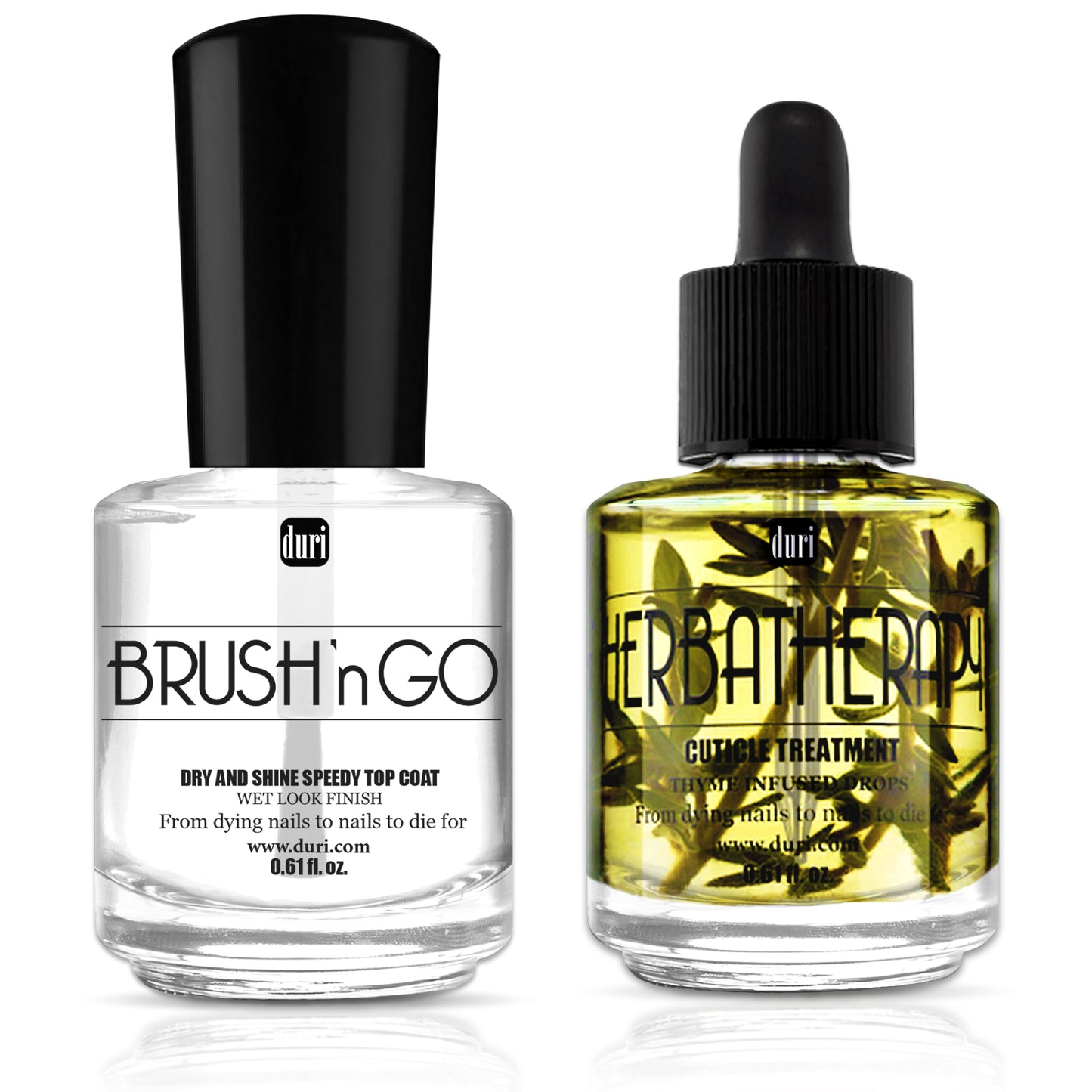 [shopify--color-pattern] Nail Care - Brush’n GO Dry & Shine Speedy Top Coat + Herbatherapy Thyme Infused Cuticle Treatment Drops, 0.61 fl.oz. each - Duri Cosmetics -[shopify--product-benefits]