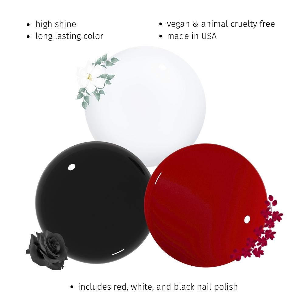 Classic Glam Nail Polish Trio Set, Includes Red, White & Black Lacquer - Duri Cosmetics
