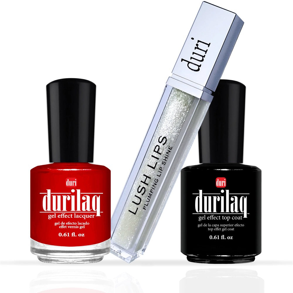 [shopify--color-pattern] Durilaq - Bold Red Gel Effect Lacquer & Lip Plumper Set - Duri Cosmetics -[shopify--product-benefits]