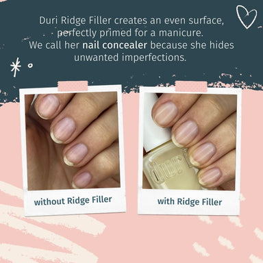 Duri Cosmetics Ridge Filler before and after. Acts as a nail concealer to hide indents, ridges, unevenness. creates a smooth surface for nail polish application. We have also noticed it prolongs the wear of any manicure. 
